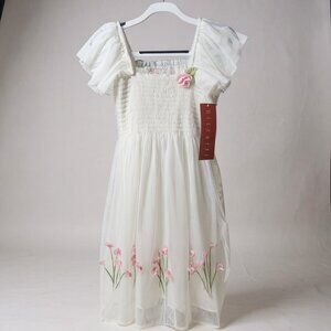 Biscotti Flowy White Dress with Embroidered Flower Accents